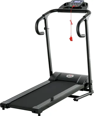 A black folding electric treadmill is shown against a white background.