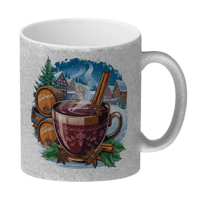 Produktbild von Winterlandschaft mit Glühweintasse - Glitzer-Kaffeebecher