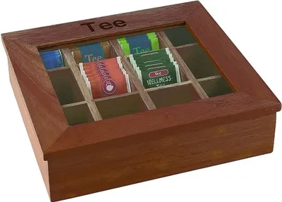 Produktbild von APS Teebox mit 12 Kammern 31 x 28 cm, H: 9 cm rot-braune Holzbox mit Sichtfenster aus Acryl 11776