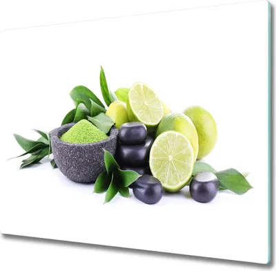 Produktbild von Glas Herdabdeckplatte 60x52 cm Spritzschutz Glasabdeckplatte Schneidebrett Limetten und Steine