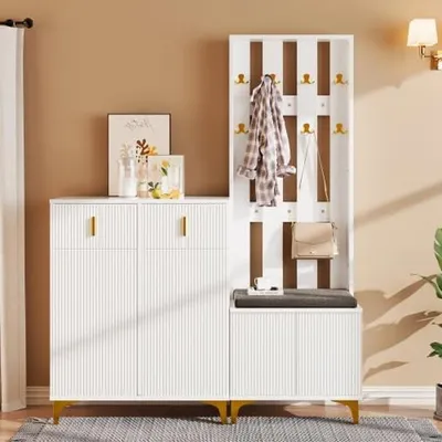 Immagine prodotto di Set per armadio - Panca portaoggetti per scarpe - Organizzazione dell'ingresso - Design elegante con dettagli dorati - 143,5 x 35,2 x 180,5 cm - Bianco