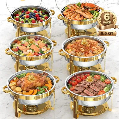 Produktbild von Chafing-Dish Buffet Set - Speisenwärmer - 6er Set - 6,5 QT - Edelstahl - Für Catering & Bankett - Rot
