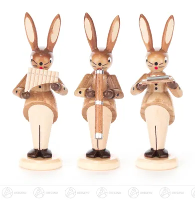 Produktbild von Hasentrio mit Panflöte, Didgeridoo und Mundharmonika, natur Höhe = 8cm NEU