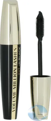 A black and gold mascara tube and its applicator wand are shown against a white background.