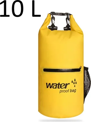 Produktbild von Drybag 10L in Gelb, wasserdichter Seesack, Rollbeutel mit zusätzlicher Netztasche, Reissverschlusstasche und 2 Tragegurten zur Verwendung als Rucksack