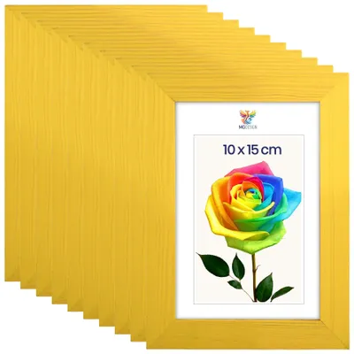 Obrázok produktu pre MG Design, sada 10 kusov rámikov na obrázky, žltá farba, formát A6 (10x15 cm) – rámy z prírodného dreva s akrylovým sklom, vhodné na zavesenie aj na postavenie, vertikálne aj horizontálne