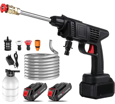 Zdjęcie produktu dla Myjka ciśnieniowa – bezprzewodowa, 21 V – pistolet do mycia wody – 2 akumulatory – akcesoria – przenośna – do czyszczenia samochodu, ogrodu i powierzchni