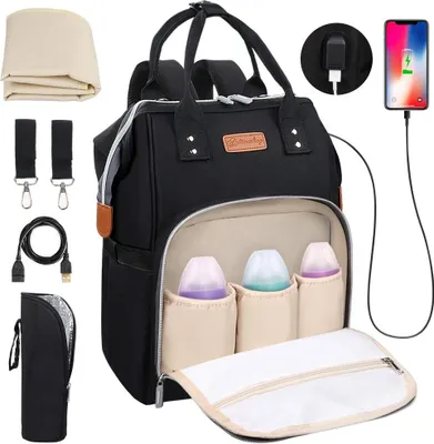 Produktbild von Baby Wickelrucksack Wickeltasche mit Wickelunterlage, Multifunktional Große Kapazität Babytasche Reisetasche für Unterwegs, Oxford Babyrucksack mit USB-Lade Port (Schwarz)