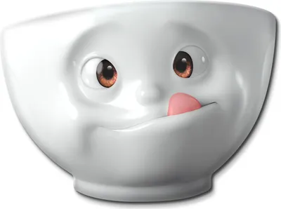 A white ceramic bowl with a face design, featuring eyes, a nose, and a tongue licking its lips.