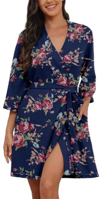 Image de Peignoir léger à motif gaufré pour femme (rose et bleu marine, taille S)