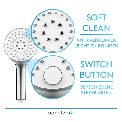 Produktbild von Bächlein Universal Duschbrause - Brausekopf mit 3 Strahlarten, einfach wechselbar durch praktische Drucktaste - Runder Duschkopf Chrom - Handbrause mit Standard G 1/2” Anschlussmaß