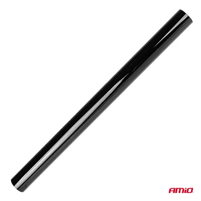 A black roll of window tint film is shown diagonally against a white background.