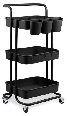 Produktbild von Goliving Küchenwagen auf Rollen – Servierwagen – Haken und Tabletts – 3 Ebenen – Schwarz