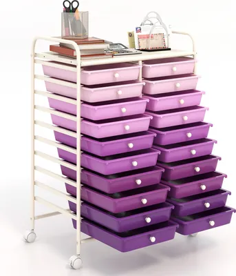 Image de COSTWAY Chariot Caisson à roulettes avec 20 tiroirs superposables, châssis métallique & tablette, chariot à tiroirs Chariot de salle de bain Chariot d'appoint Violet