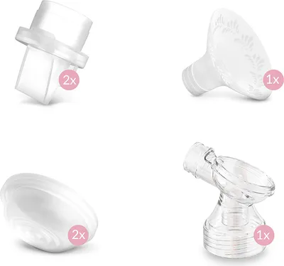 A collage of four different parts of a breast pump accessory set, each with a quantity indicator.