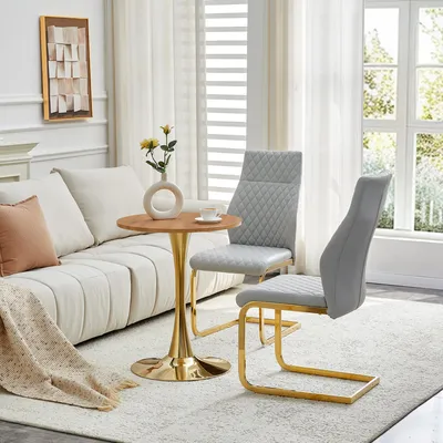 Productafbeelding van Tafel- en stoelset, ronde tafel 60 cm, MDF, houtnerf, 2 stoelen met ruitpatroon, metalen frame (goud, lichtgrijs, houtkleur)