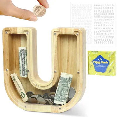 Produktbild von Personalisierte Spardose aus Holz mit dem Alphabet von A bis Z, eine kreative große Spardose als Geschenk für Geburtstage, Weihnachten und Thanksgiving.