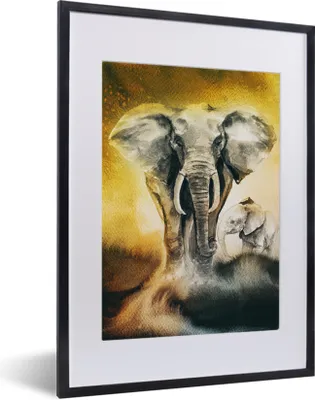 Produktbild von MuchoWow® MuchoWow® Gerahmtes Poster Elefant - Aquarellfarbe - Gelb 30x40 cm - Poster mit zchwarzem Bilderrahmen - Wandposter Schlafzimmer