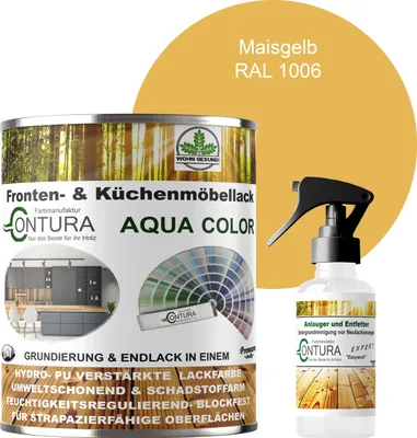 Produktbild von 750ml + Anlauger - Contura Küchenmöbellack RAL Möbellack SEIDENMATT SET Möbelfarbe Holzlack Buntlack Küchenlack - RAL 1006 Maisgelb