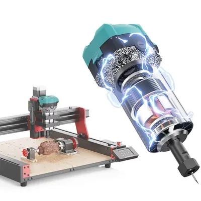 A CNC engraving machine with a close-up of its spindle, showing internal components and electrical sparks.