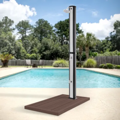 Produktbild von ML-Design Solardusche 35L 217cm eckig Silber-Schwarz mit Bodenplatte Braun, Solar Gartendusche mit Fußdusche/Regenduschkopf, warmes Wasser 60°C