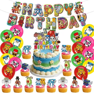 Produktbild von Steal a Brainrot Geburtstags deko, 30 Stück Kinder Party dekorations set, Banner, Ballons, Tortendekoration, Dekorationen im Cartoon-Stil