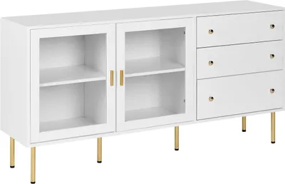 Produktbild von BELIANI Vitrinenschrank Weißes MDF mit Glastüren und 2 Schubladen Goldene Akzente