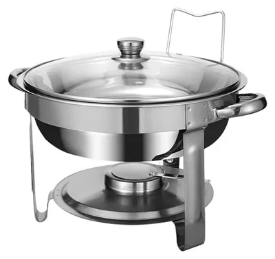 Immagine prodotto di Ciotola rotonda in acciaio inossidabile con coperchio in vetro, ideale per buffet
