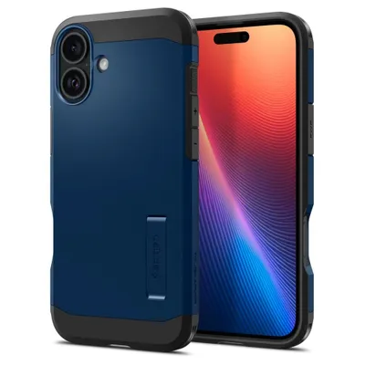 A blue phone case with a black trim is shown next to a smartphone displaying a colorful wallpaper.
