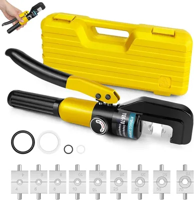 Obrázok produktu pre Hydraulické kliešte na krímenie – kliešte na krímenie káblov, 4–70 mm² – tlak 100 kN – 9 sád čelustí – vhodné pre medené a hliníkové káblové konektory – ergonomická rukoväť z gumy a plastu – 4–70 mm²