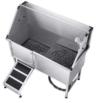 Produktbild von SucceBuy Edelstahl-Hundewaschstation, 1500x700x1495 mm Tierpflegewanne mit Rampe, Wasserfilterplatte, Wasserhahn, Duschkopf & Seifenhalter, geeignet für Haustiere jeder Größe (linke Tür)