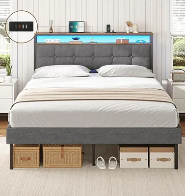 Image de Lit avec sommier tapissé 160x200. Lit 160x200 avec espace de rangement. Structure de lit avec éclairage LED et prises de courant. Lit en métal avec tête de lit. Lit double. Structure de lit avec ports USB