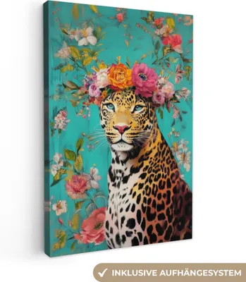 Obrázok produktu pre Obrazy na plátne 80x120 cm - Eklektické - Leopard - Kvety, Moderný obraz, nástenná dekorácia, maľba