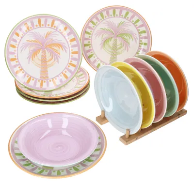 Produktbild von Tropicana 12tlg Tafelservice Palmen Pastell Speiseteller Suppenteller