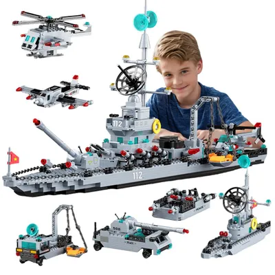 Produktbild von 6-in-1 Battleship Klemmbausteine Schiffe für Erwachsene und Kinder, ​Militär Modellbausatz Schlachtschiff für Militärbegeisterte Männer