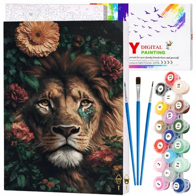 Image de EDIBAZZAR | Peinture par numéros avec cadre, toile de 40 x 50 cm « Lion parmi les fleurs »