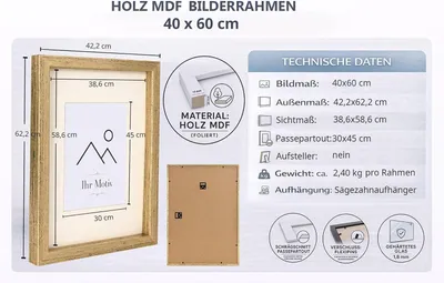 Produktbild von 3D Objektrahmen Bilderrahmen mit Passepartout & gehärtetem Glas Holz MDF Rahmen Foto Poster - Farbe: Natur | Format: 40x60