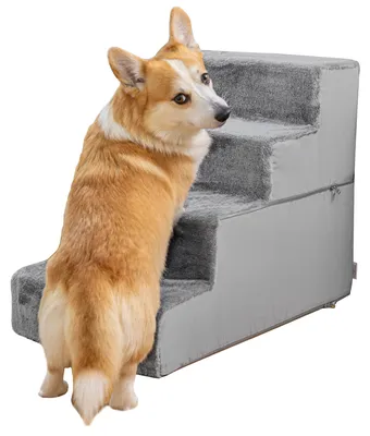 Produktbild von Hundetreppe für Bett - 4 Stufen Hunderampe 58cm hoch - Schaumstoff Hundetreppe für kleine Hunde - Sichere und stabile Haustiertreppe - Abnehmbarer waschbarer Bezug - Hundetreppe für Sofa Hellgrau