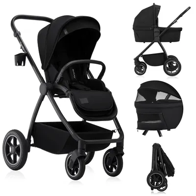 Immagine prodotto di Passeggino Lionelo Meril 2in1 navicella fino a 9 kg, 0-48 mesi fino a 22 kg, ruote 360° all-terrain, sospensioni complete, capottina XXL - Nero