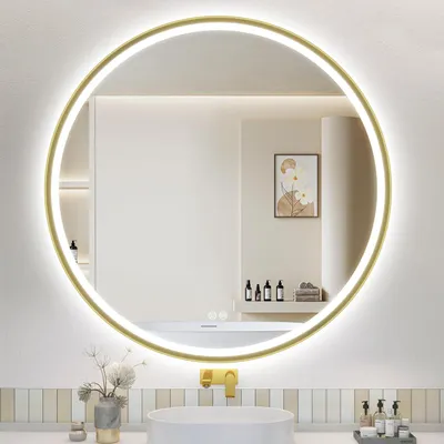 Immagine prodotto di Specchio da bagno illuminato, diametro 90 cm, cornice rotonda in alluminio dorato, antiappannamento, temperatura di colore regolabile da 3000 a 6500K, grado di protezione IP44, funzione di memoria