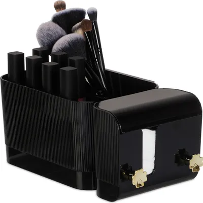 Produktbild von Relaxdays Kosmetik Organizer, 4 Fächer und 2 Haken, Wattestäbchenbehälter, Klebe-Wandmontage, Kunststoff, schwarz/gold