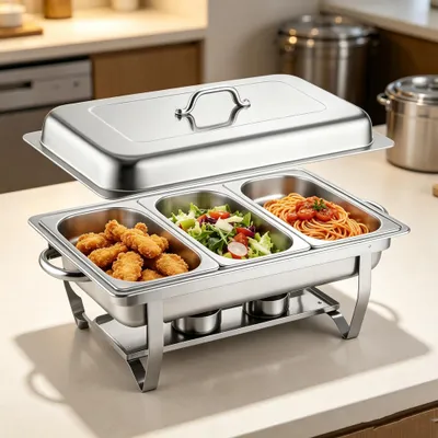 Produktbild von 3 Grid Chafing Dish Edelstahl Buffetwärmer Warmhaltebehälter Grillgut Speisenwärmer Wärmebehälter Rechaud für Catering,Buffet und Party 55x35.5x26cm