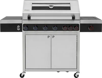 Produktbild von Tepro Keansburg 6 Special Edition Gasgrill, 6 Brenner, Edelstahl, Powerzone, Infrarotbrenner, Glasfenster im Deckel, Rost-in-Rost-System, emaillierte Guss-Grillroste, klappbare Seitenablage, 4 Rollen (2 mit Bremse), schwarz, für 5, 8 & 11 kg Gasflaschen