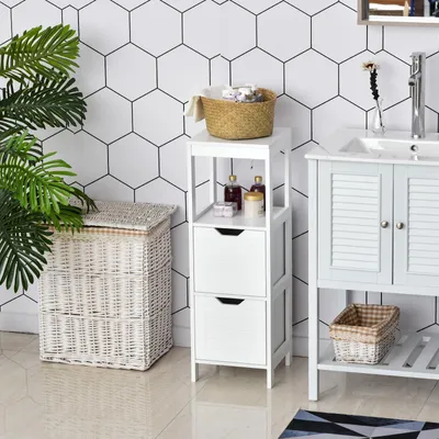 Produktbild von Multifunktionaler Badezimmerschrank mit offenem Fach, 2 Schubladen, Kippschutz, 30 x 30 x 89 cm, Wei?