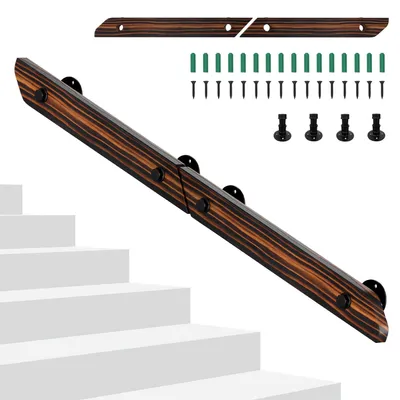 Immagine prodotto di Corrimano a parete in legno di pino, lunghezza 120 cm, modulare e collegabile per formare un corrimano continuo, colore marrone con venature del legno, completo di supporti in ferro