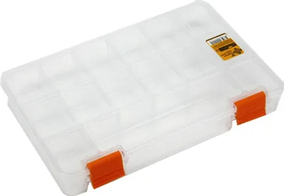 A clear, well-lit studio shot of a transparent plastic organizer box with orange clasps, set against a plain white background.