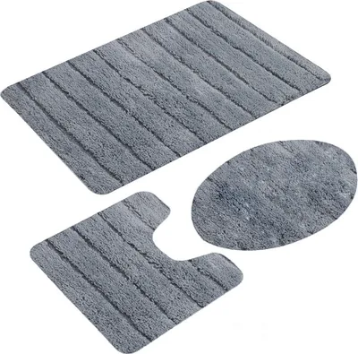 Produktbild von 3tlg Badematten Set - Streifen Eppich Badvorleger Badteppich Toilettenbezug Badezimmermatte,Grau