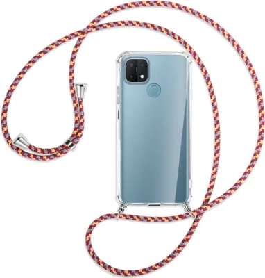 Produktbild von Handykette Backcover-Schutzhülle mit Band (Metall silberfarben) für Oppo A15 - weinrot/gelb/grau