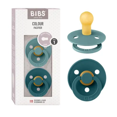 Produktbild von BIBS Colour Schnuller 2er-Pack, BPA-frei, Kirschform Nippel. Naturkautschuk / Latex, Hergestellt in Dänemark, Größe 1 (0-6 Monate), Island Sea / Forest Lake