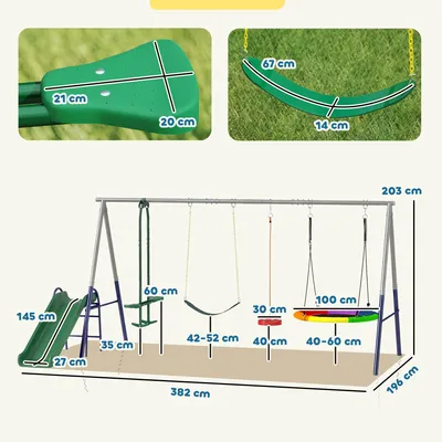 Produktbild von Schaukelgerüst 5-in-1 mit Rutsche & Nestschaukel, höhenverstellbares Schaukelgestell für den Garten, 382x196x203 cm, Mehrfarbig